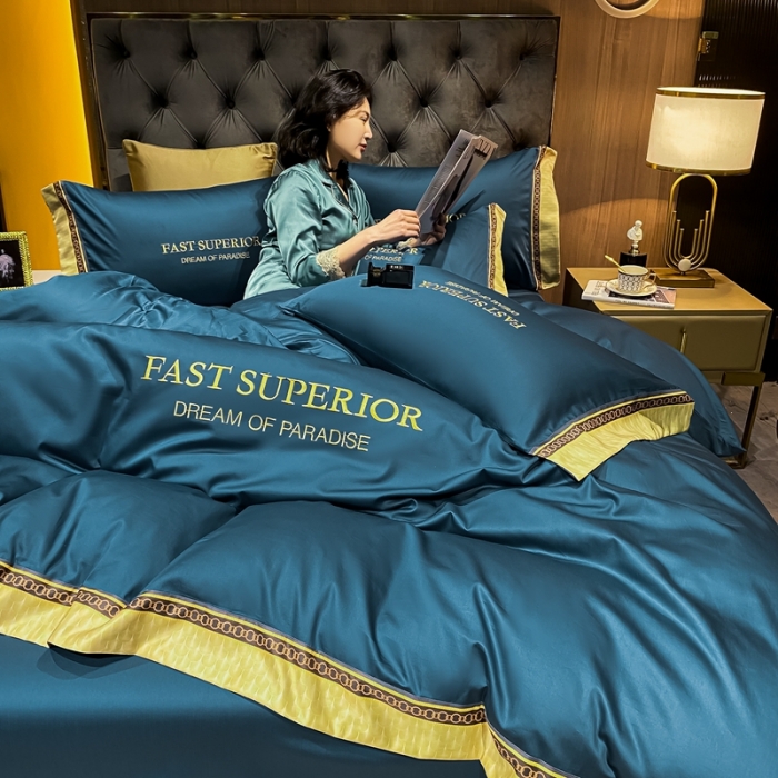 91家纺网 家纺一手货源 找家纺 ab家纺 2021新款40s全棉刺绣四件套月光蓝