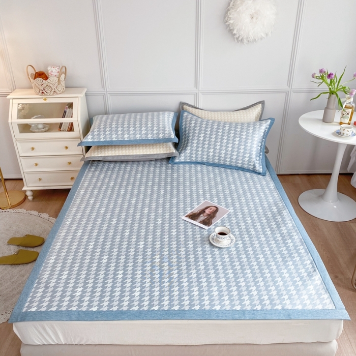 91家纺网 家纺一手货源 找家纺 涞澳家纺 2021新款凉席三件套-千鸟格 千鸟格-浅蓝