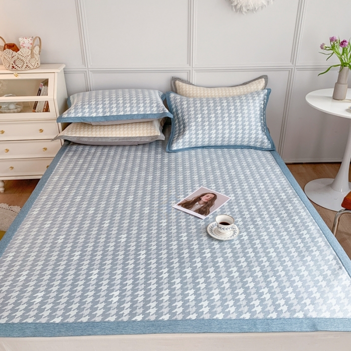 91家纺网 家纺一手货源 找家纺 涞澳家纺 2021新款凉席三件套-千鸟格 千鸟格-浅蓝