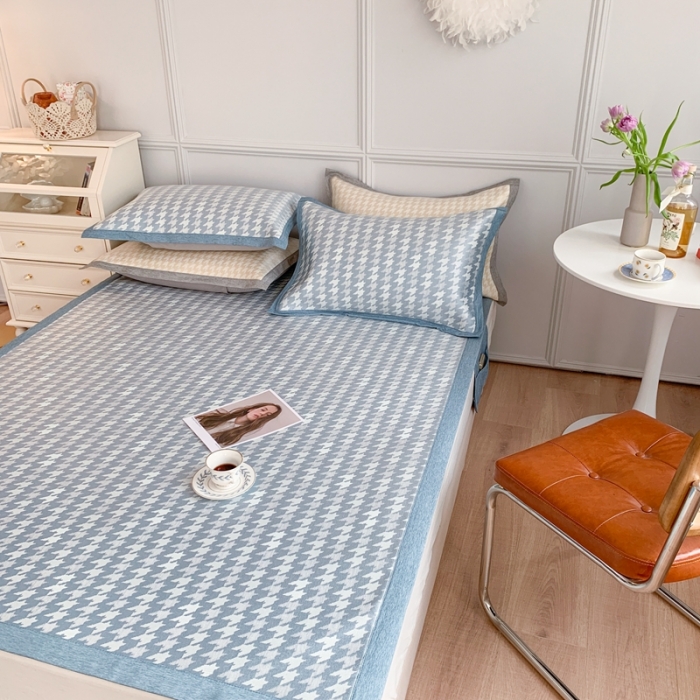 91家纺网 家纺一手货源 找家纺 涞澳家纺 2021新款凉席三件套-千鸟格 千鸟格-浅蓝