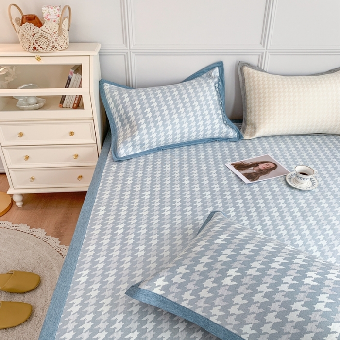 91家纺网 家纺一手货源 找家纺 涞澳家纺 2021新款凉席三件套-千鸟格 千鸟格-浅蓝