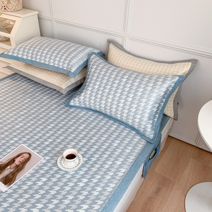 91家纺网 家纺一手货源 找家纺 涞澳家纺 2021新款凉席三件套-千鸟格 千鸟格-浅蓝