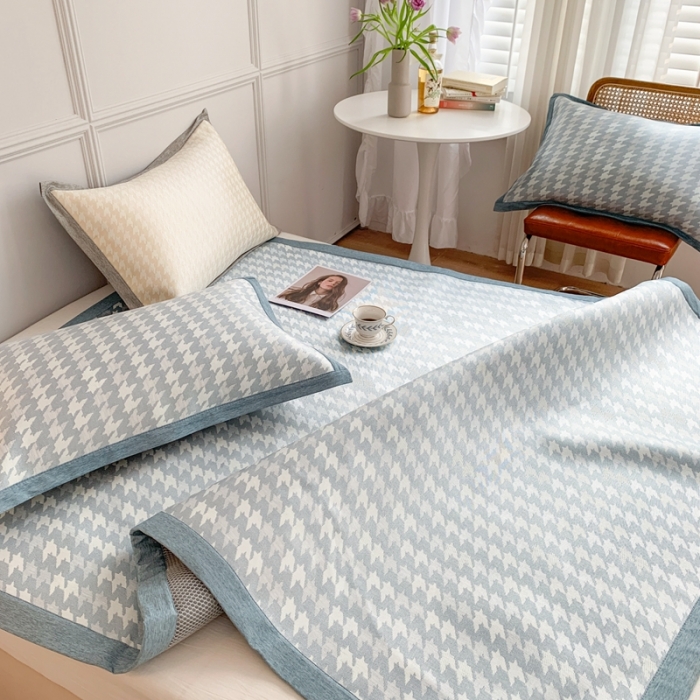 91家纺网 家纺一手货源 找家纺 涞澳家纺 2021新款凉席三件套-千鸟格 千鸟格-浅蓝