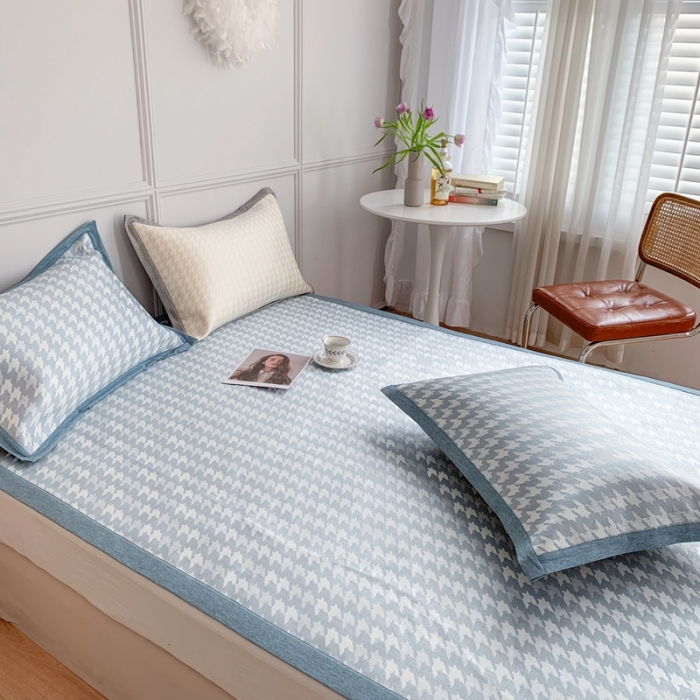 91家纺网 家纺一手货源 找家纺 涞澳家纺 2021新款凉席三件套-千鸟格 千鸟格-浅蓝