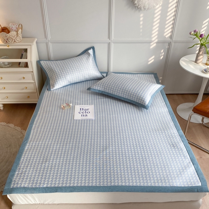 91家纺网 家纺一手货源 找家纺 涞澳家纺 2021新款凉席三件套-千鸟格 千鸟格-深蓝