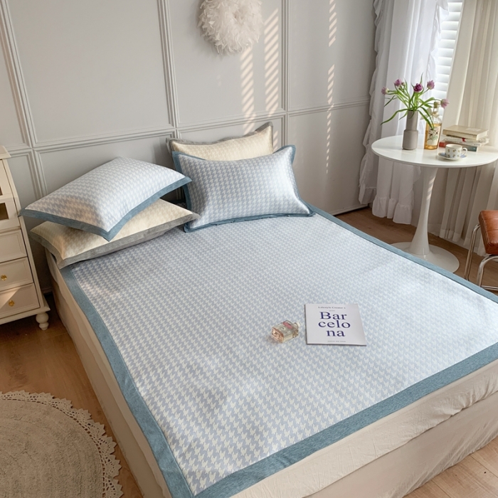 91家纺网 家纺一手货源 找家纺 涞澳家纺 2021新款凉席三件套-千鸟格 千鸟格-深蓝