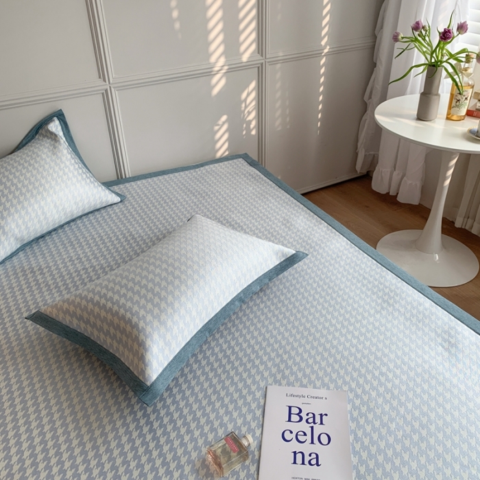 91家纺网 家纺一手货源 找家纺 涞澳家纺 2021新款凉席三件套-千鸟格 千鸟格-深蓝