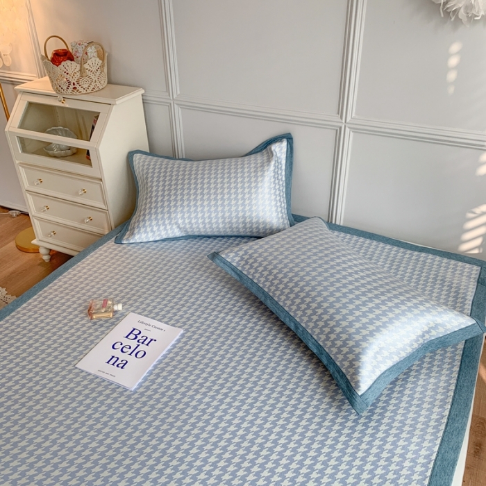 91家纺网 家纺一手货源 找家纺 涞澳家纺 2021新款凉席三件套-千鸟格 千鸟格-深蓝