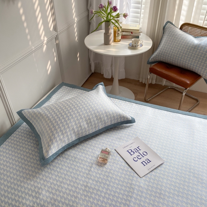 91家纺网 家纺一手货源 找家纺 涞澳家纺 2021新款凉席三件套-千鸟格 千鸟格-深蓝