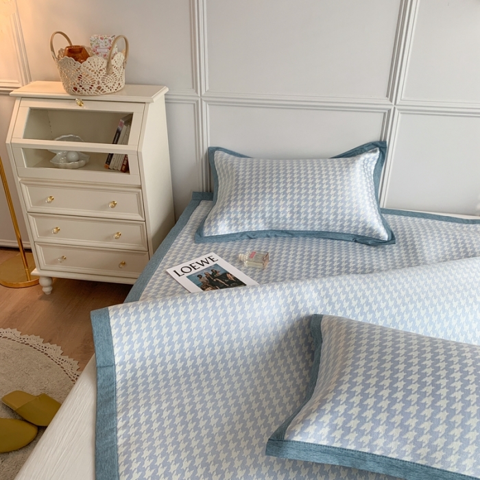 91家纺网 家纺一手货源 找家纺 涞澳家纺 2021新款凉席三件套-千鸟格 千鸟格-深蓝