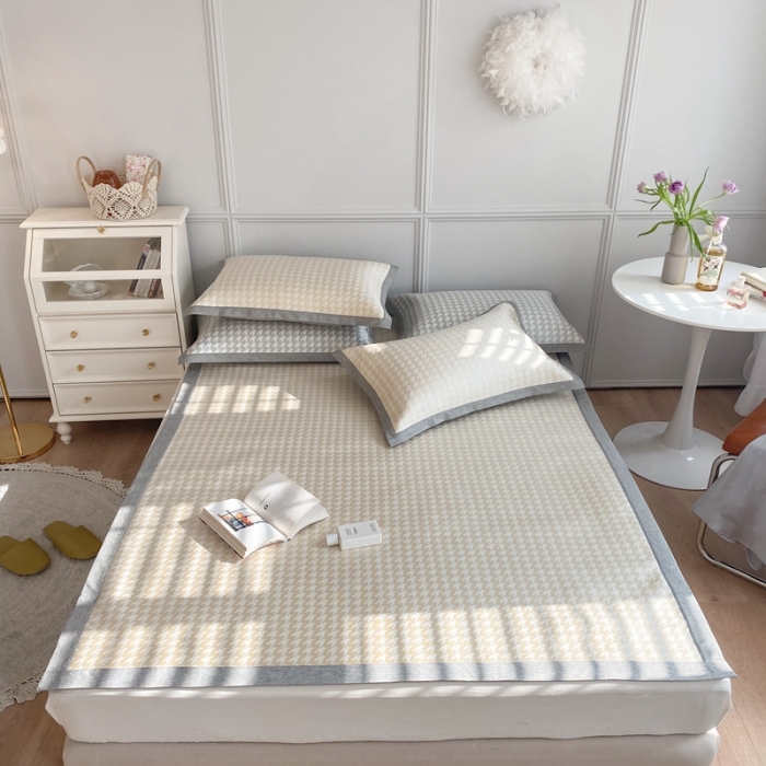 91家纺网 家纺一手货源 找家纺 涞澳家纺 2021新款凉席三件套-千鸟格 千鸟格-驼