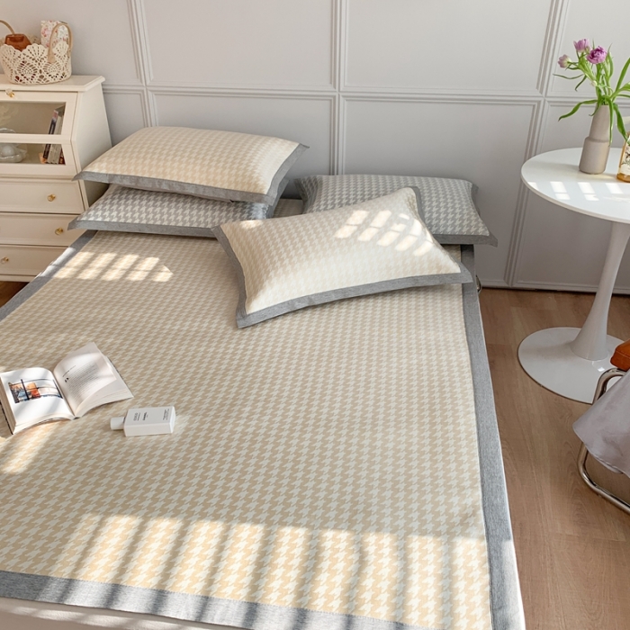 91家纺网 家纺一手货源 找家纺 涞澳家纺 2021新款凉席三件套-千鸟格 千鸟格-驼