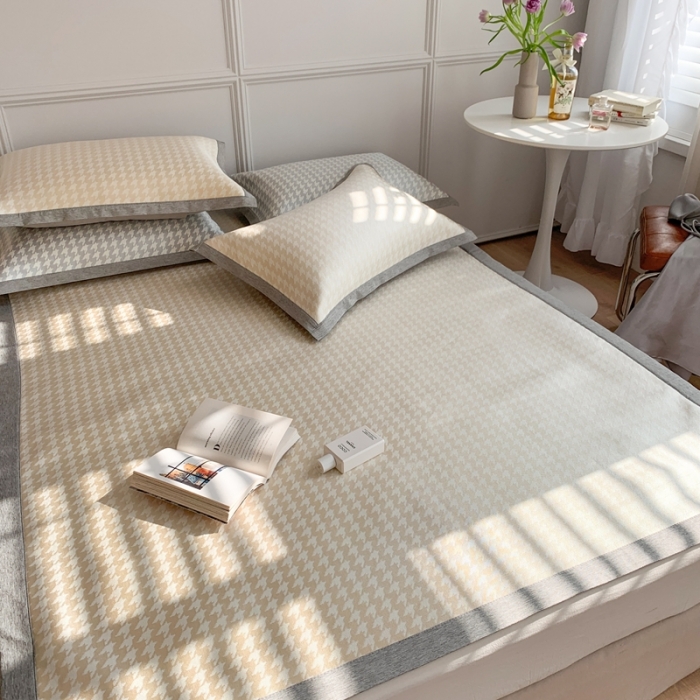 91家纺网 家纺一手货源 找家纺 涞澳家纺 2021新款凉席三件套-千鸟格 千鸟格-驼