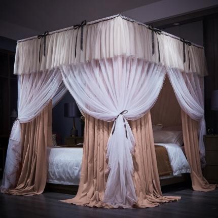 91家纺网 家纺一手货源 找家纺 夏彩新款高档双层遮光防风防蚊防尘多用宫廷睡帐 新月星辰豆沙色