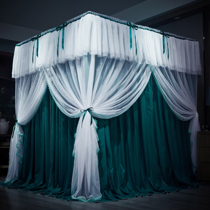 91家纺网 家纺一手货源 找家纺 夏彩新款高档双层遮光防风防蚊防尘多用宫廷睡帐 新月星辰孔雀绿