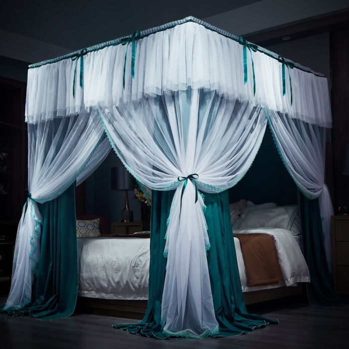 91家纺网 家纺一手货源 找家纺 夏彩新款高档双层遮光防风防蚊防尘多用宫廷睡帐 新月星辰孔雀绿