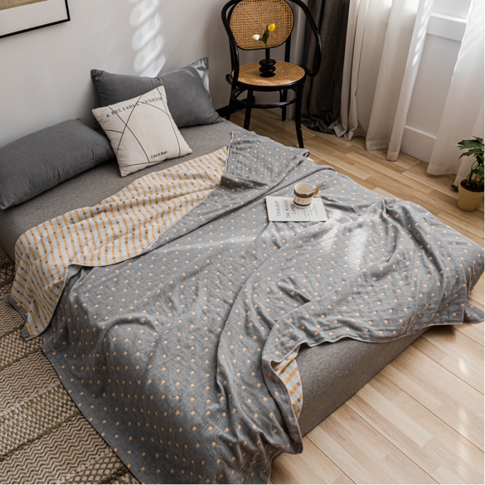 91家纺网 家纺一手货源 找家纺 朴尔 2021新款主推三层水洗棉纱布毛巾被冬空-深蓝