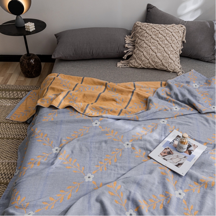 91家纺网 家纺一手货源 找家纺 朴尔 2021新款主推三层水洗棉纱布毛巾被花之恋-冰蓝黄