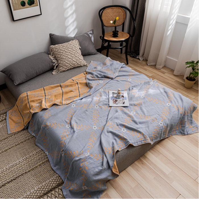 91家纺网 家纺一手货源 找家纺 朴尔 2021新款主推三层水洗棉纱布毛巾被花之恋-冰蓝黄