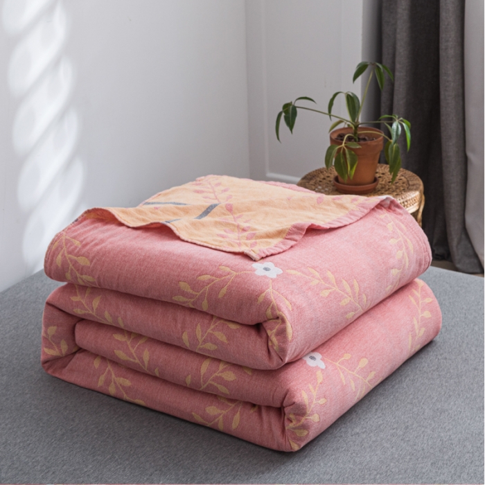 91家纺网 家纺一手货源 找家纺 朴尔 2021新款主推三层水洗棉纱布毛巾被花之恋-粉黄