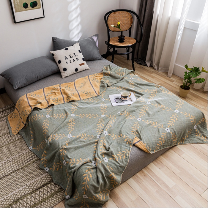 91家纺网 家纺一手货源 找家纺 朴尔 2021新款主推三层水洗棉纱布毛巾被花之恋-绿黄