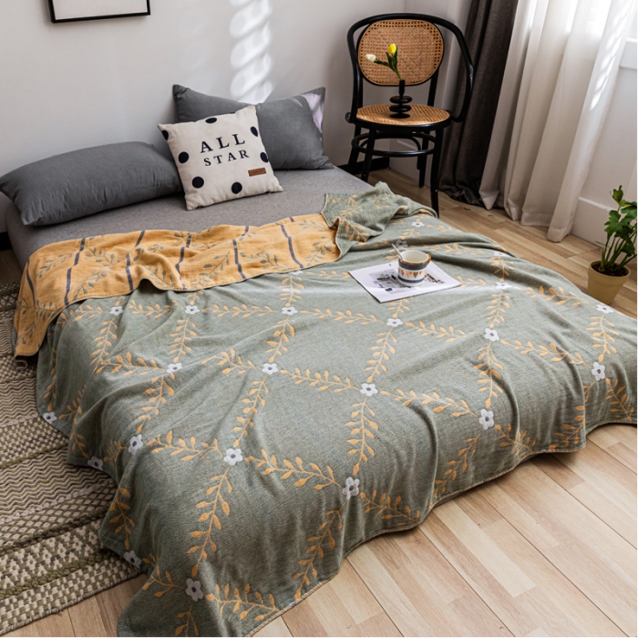 91家纺网 家纺一手货源 找家纺 朴尔 2021新款主推三层水洗棉纱布毛巾被花之恋-绿黄