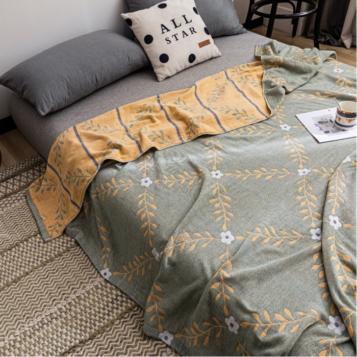 91家纺网 家纺一手货源 找家纺 朴尔 2021新款主推三层水洗棉纱布毛巾被花之恋-绿黄