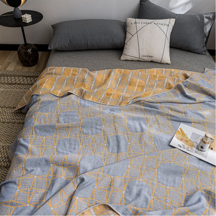 91家纺网 家纺一手货源 找家纺 朴尔 2021新款主推三层水洗棉纱布毛巾被三体秘境-冰蓝黄