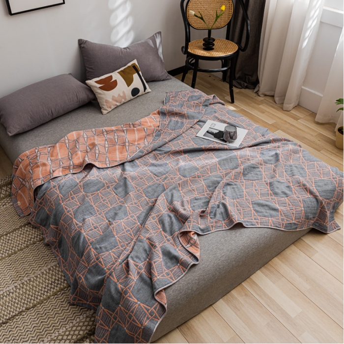 91家纺网 家纺一手货源 找家纺 朴尔 2021新款主推三层水洗棉纱布毛巾被三体秘境-灰橘