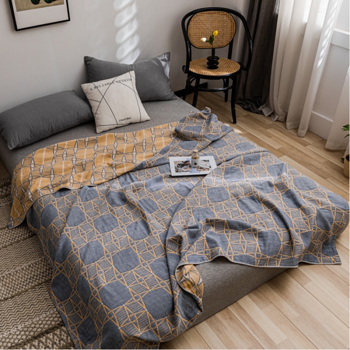 91家纺网 家纺一手货源 找家纺 朴尔 2021新款主推三层水洗棉纱布毛巾被三体秘境-蓝黄