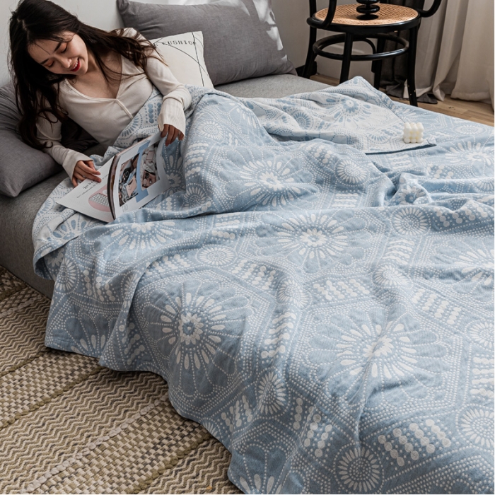 91家纺网 家纺一手货源 找家纺 朴尔 2021新款主推三层水洗棉纱布毛巾被星辰大海-冰蓝