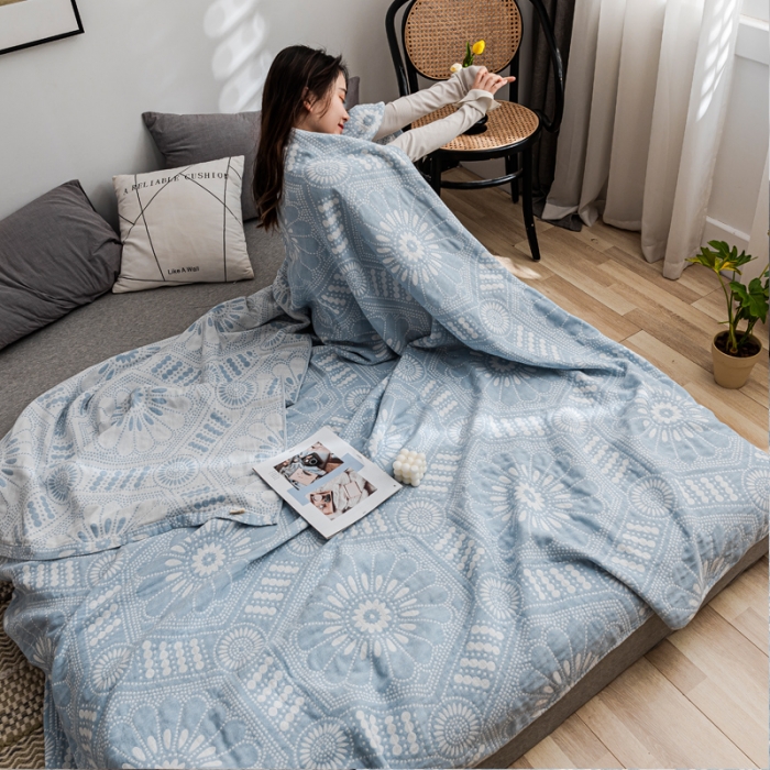 91家纺网 家纺一手货源 找家纺 朴尔 2021新款主推三层水洗棉纱布毛巾被星辰大海-冰蓝