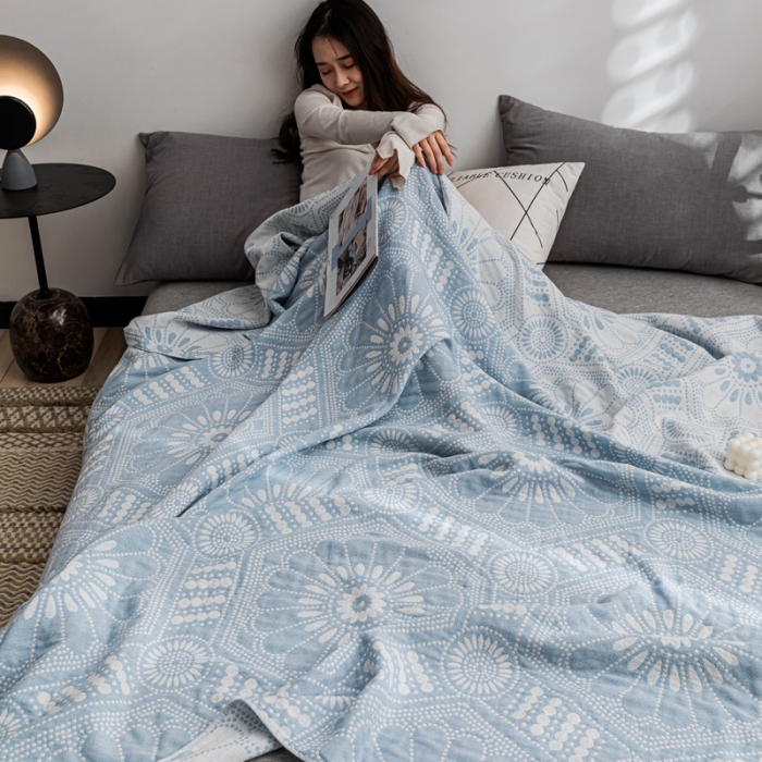 91家纺网 家纺一手货源 找家纺 朴尔 2021新款主推三层水洗棉纱布毛巾被星辰大海-冰蓝