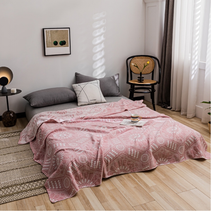 91家纺网 家纺一手货源 找家纺 朴尔 2021新款主推三层水洗棉纱布毛巾被星辰大海-粉