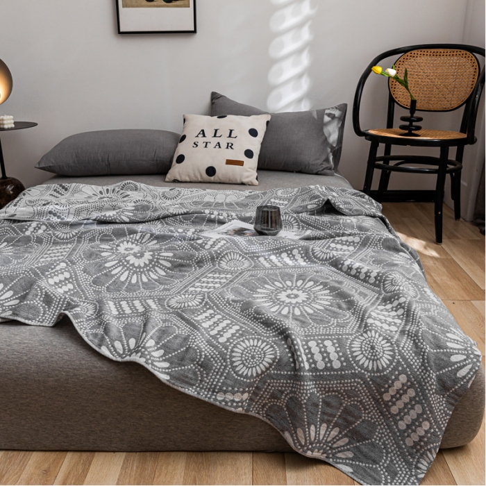 91家纺网 家纺一手货源 找家纺 朴尔 2021新款主推三层水洗棉纱布毛巾被星辰大海-灰白