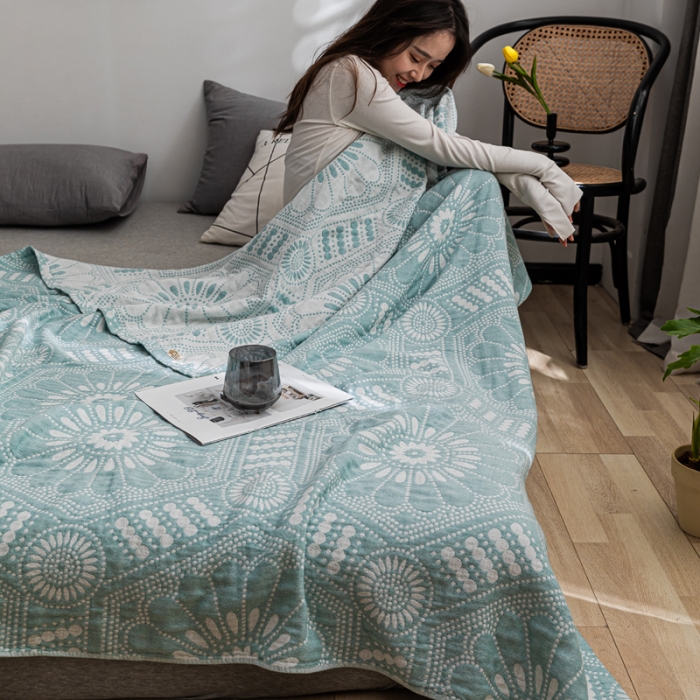 91家纺网 家纺一手货源 找家纺 朴尔 2021新款主推三层水洗棉纱布毛巾被星辰大海-绿