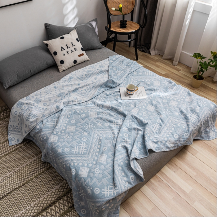 91家纺网 家纺一手货源 找家纺 朴尔 2021新款主推三层水洗棉纱布毛巾被远古图腾-冰蓝