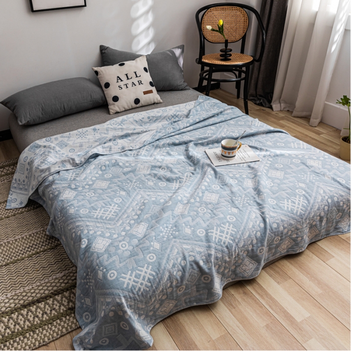 91家纺网 家纺一手货源 找家纺 朴尔 2021新款主推三层水洗棉纱布毛巾被远古图腾-冰蓝