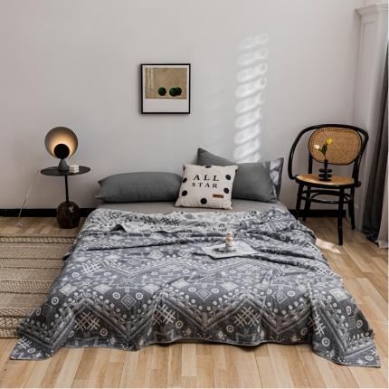 91家纺网 家纺一手货源 找家纺 朴尔 2021新款主推三层水洗棉纱布毛巾被远古图腾-灰