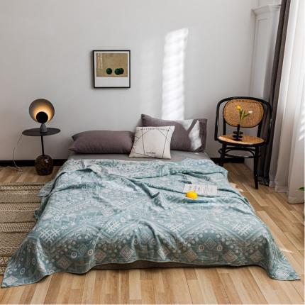 91家纺网 家纺一手货源 找家纺 朴尔 2021新款主推三层水洗棉纱布毛巾被远古图腾-绿