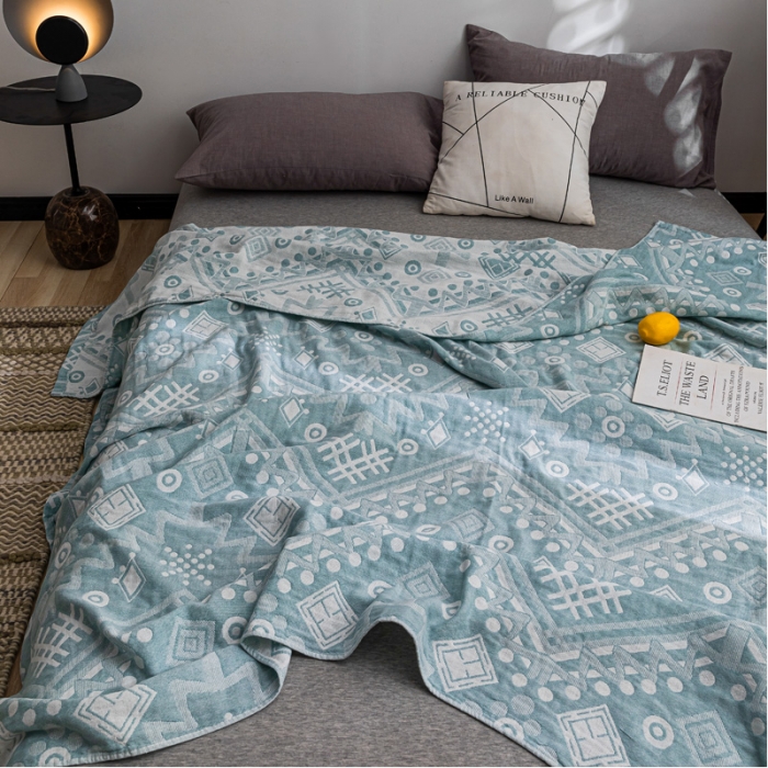 91家纺网 家纺一手货源 找家纺 朴尔 2021新款主推三层水洗棉纱布毛巾被远古图腾-绿