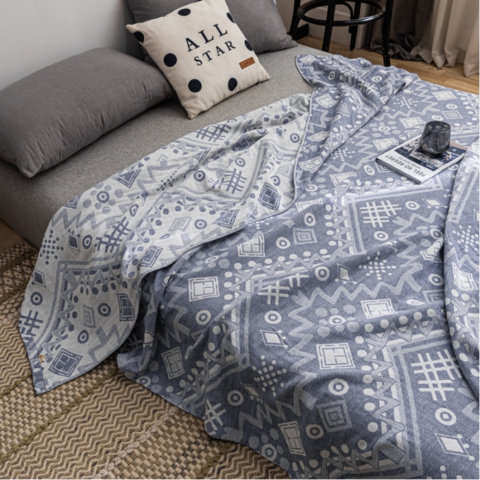 91家纺网 家纺一手货源 找家纺 朴尔 2021新款主推三层水洗棉纱布毛巾被远古图腾-深蓝