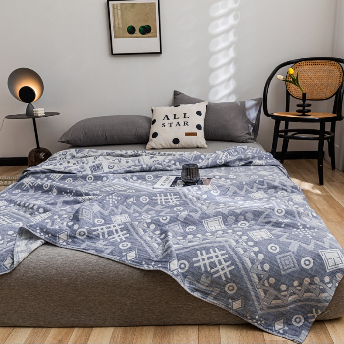 91家纺网 家纺一手货源 找家纺 朴尔 2021新款主推三层水洗棉纱布毛巾被远古图腾-深蓝