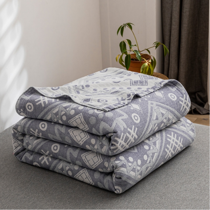 91家纺网 家纺一手货源 找家纺 朴尔 2021新款主推三层水洗棉纱布毛巾被远古图腾-深蓝