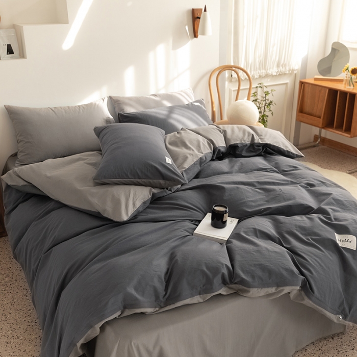 91家纺网 家纺一手货源 找家纺 蓝巢 2021新款全棉水洗棉混搭款四件套深灰浅灰