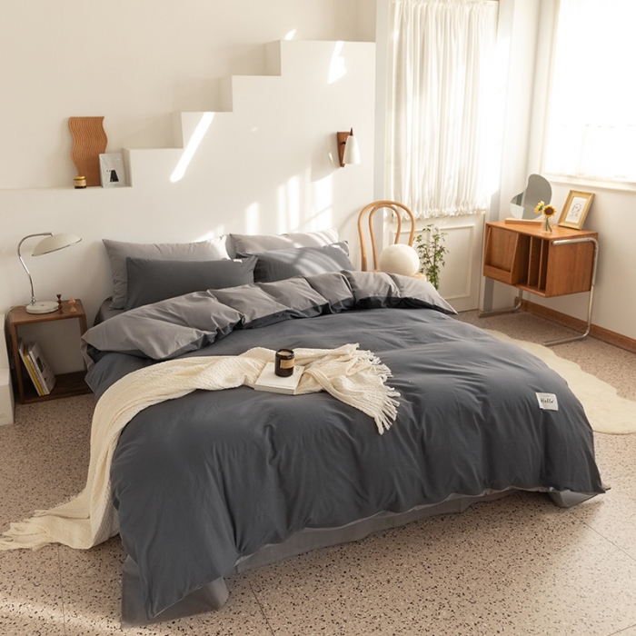 91家纺网 家纺一手货源 找家纺 蓝巢 2021新款全棉水洗棉混搭款四件套深灰浅灰