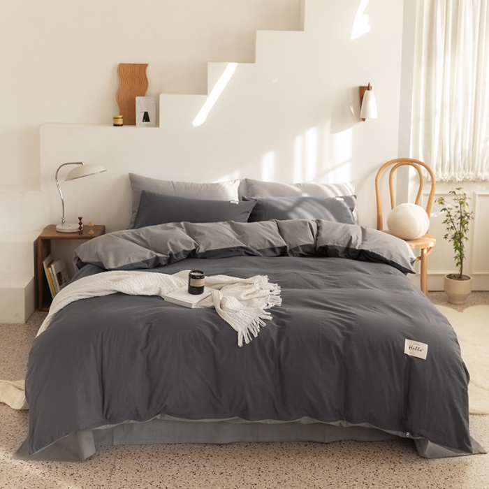 91家纺网 家纺一手货源 找家纺 蓝巢 2021新款全棉水洗棉混搭款四件套深灰浅灰