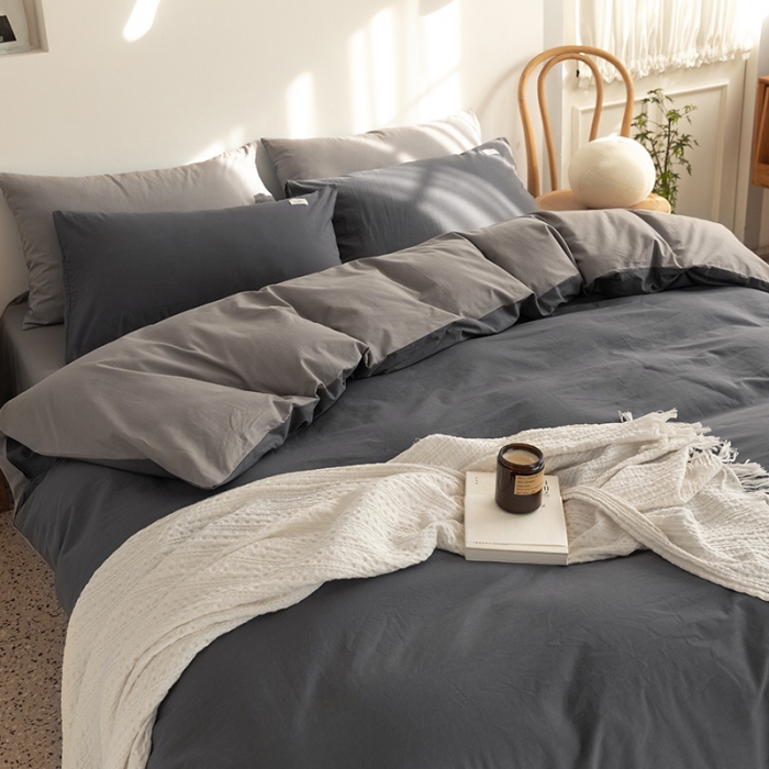 91家纺网 家纺一手货源 找家纺 蓝巢 2021新款全棉水洗棉混搭款四件套深灰浅灰