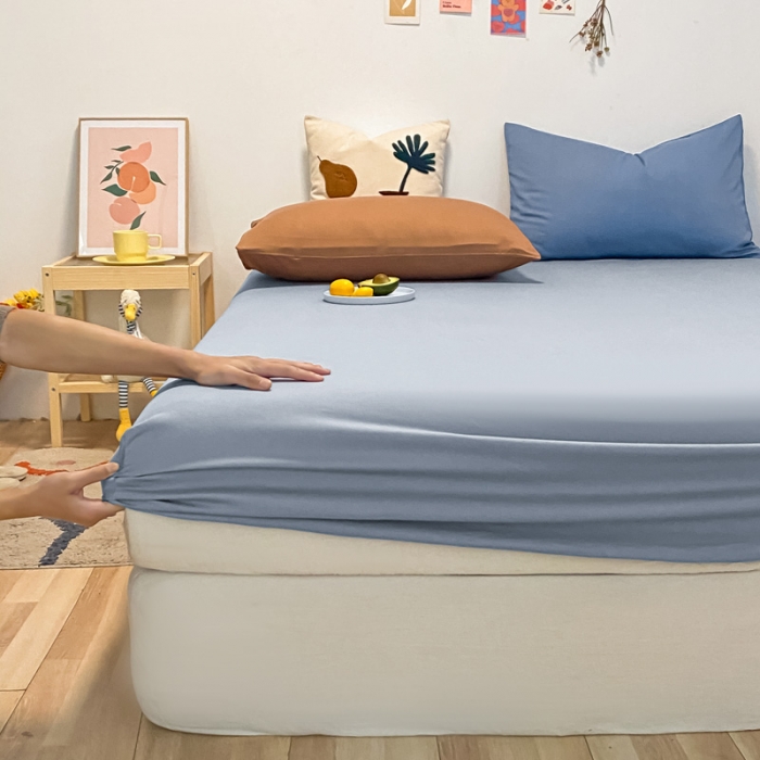 91家纺网 家纺一手货源 找家纺 蓝巢 2021新款全棉水洗棉混搭款单床笠湖蓝