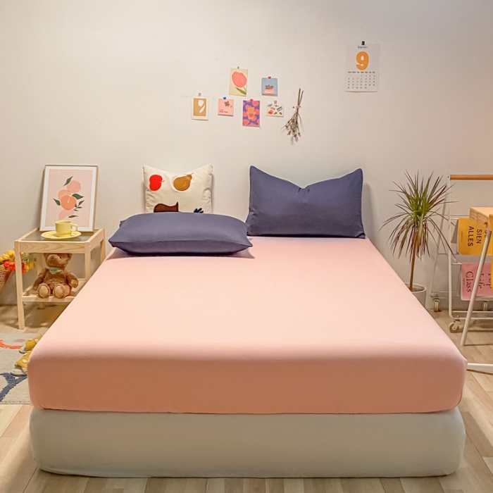 91家纺网 家纺一手货源 找家纺 蓝巢 2021新款全棉水洗棉混搭款单床笠浅粉